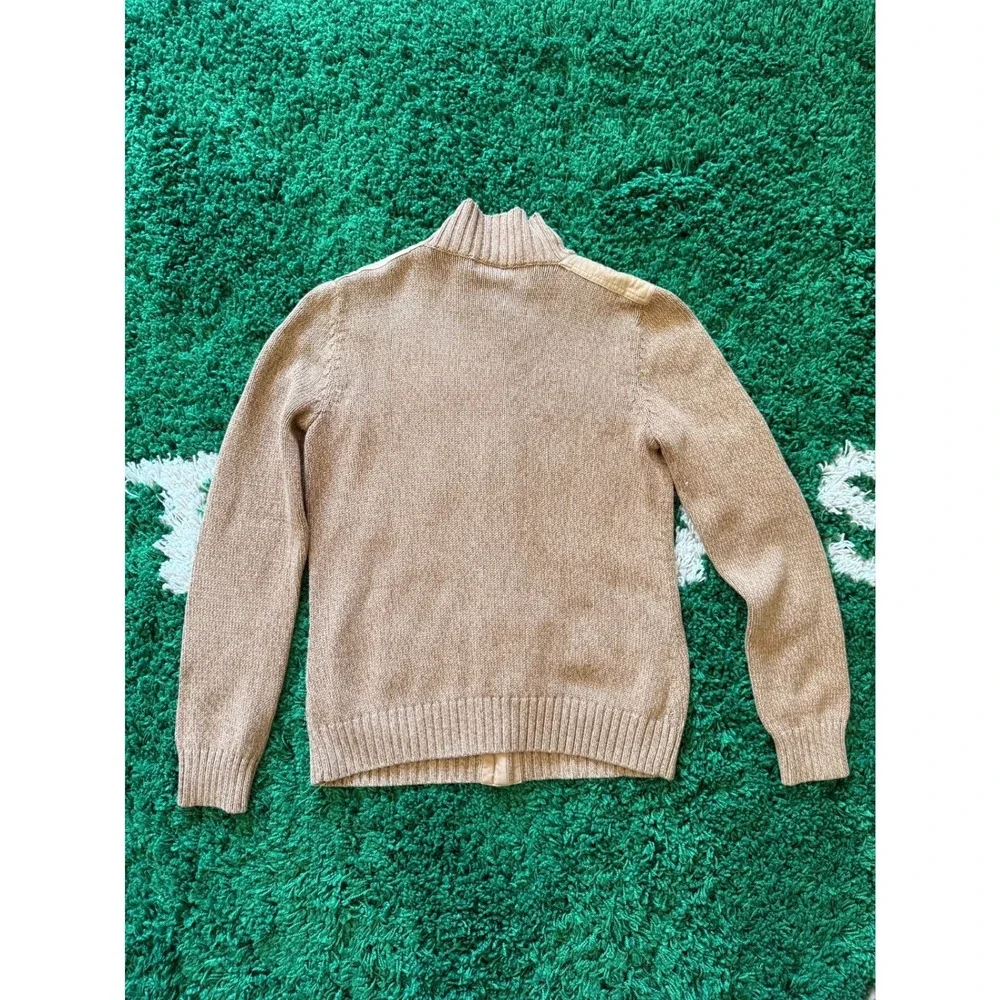 Tan Knit‎ Button Front Cardigan Sweater Canvas Shoulder Patches Metal Buttons